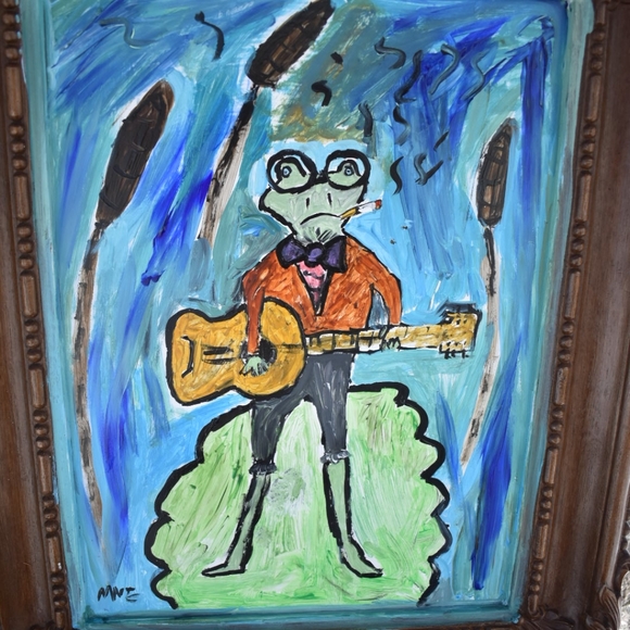 Hand Crafted Other - Original Folk Art Frog Playing guitar on lily pad